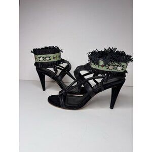 ISABEL MARANT Leather Abrily Santa Fe Fringe Sandal Black Green EU39 US8 Italy